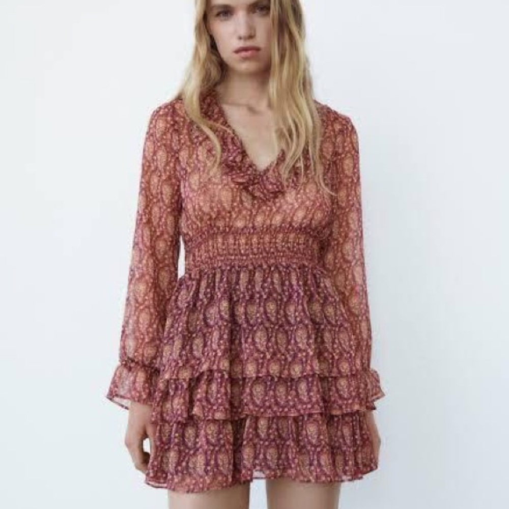 Zara Women's Burgundy and Red Dress with ruffles. Size S